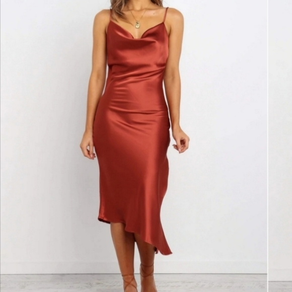 Petal & Pup Rust Cypress Draped Cowl Silky Satin Side Slit Midi Slip Dress 2US - Picture 3 of 8